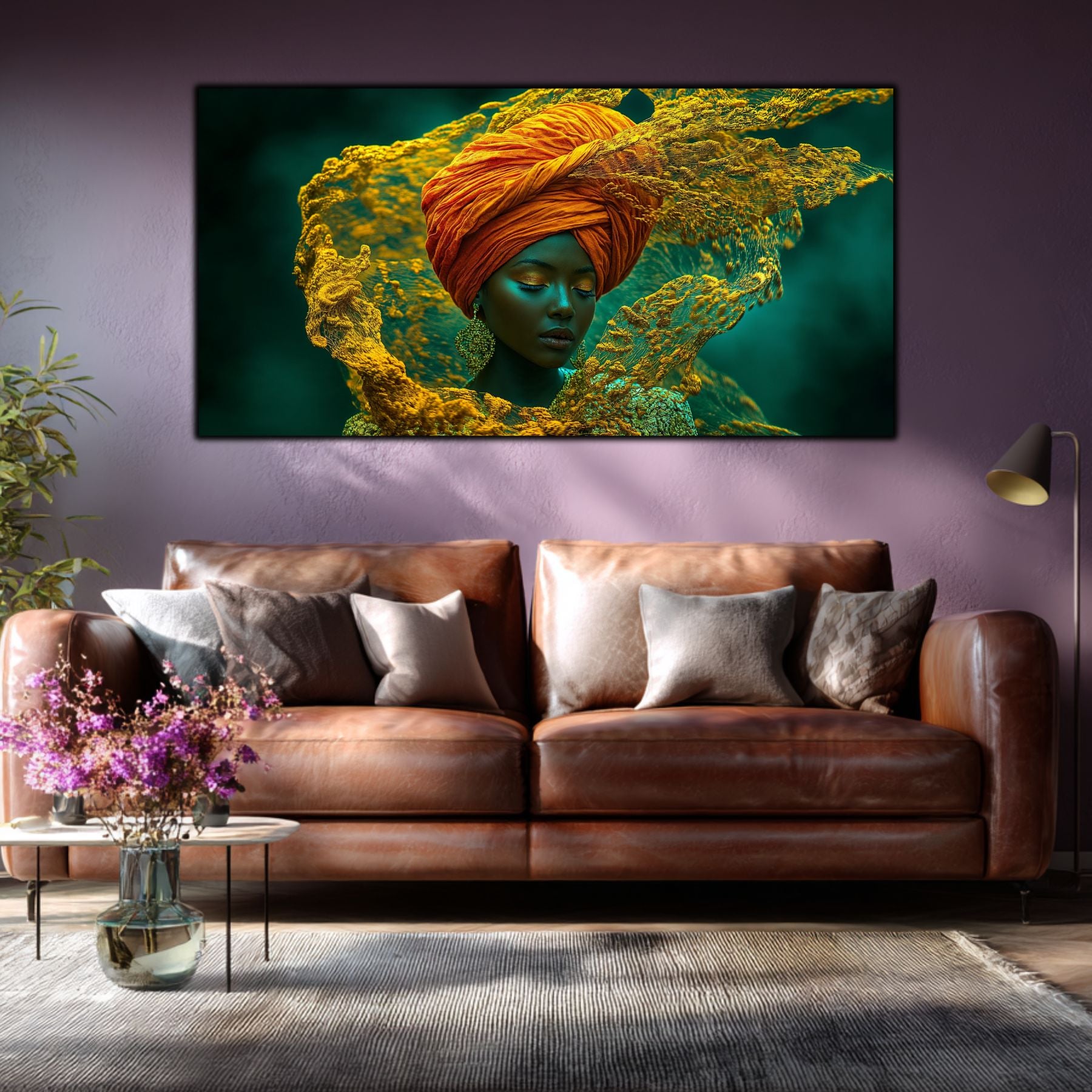 Integrare tablou în decor interior modern, estetică zen-luxury și iluminare reflexivă vibrantă.