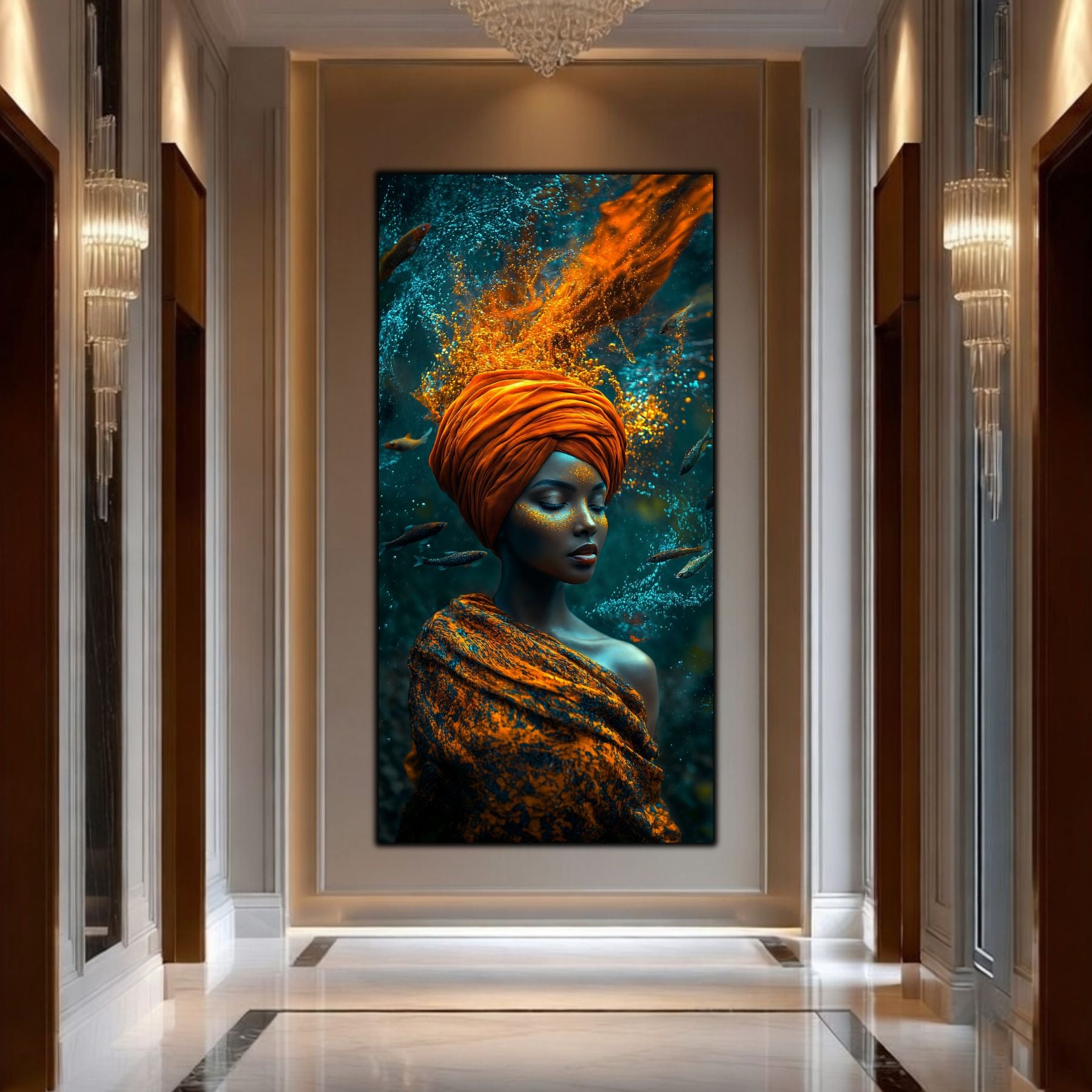 Integrare tablou în decor interior modern, cu iluminare ambientală și estetică zen-luxury.