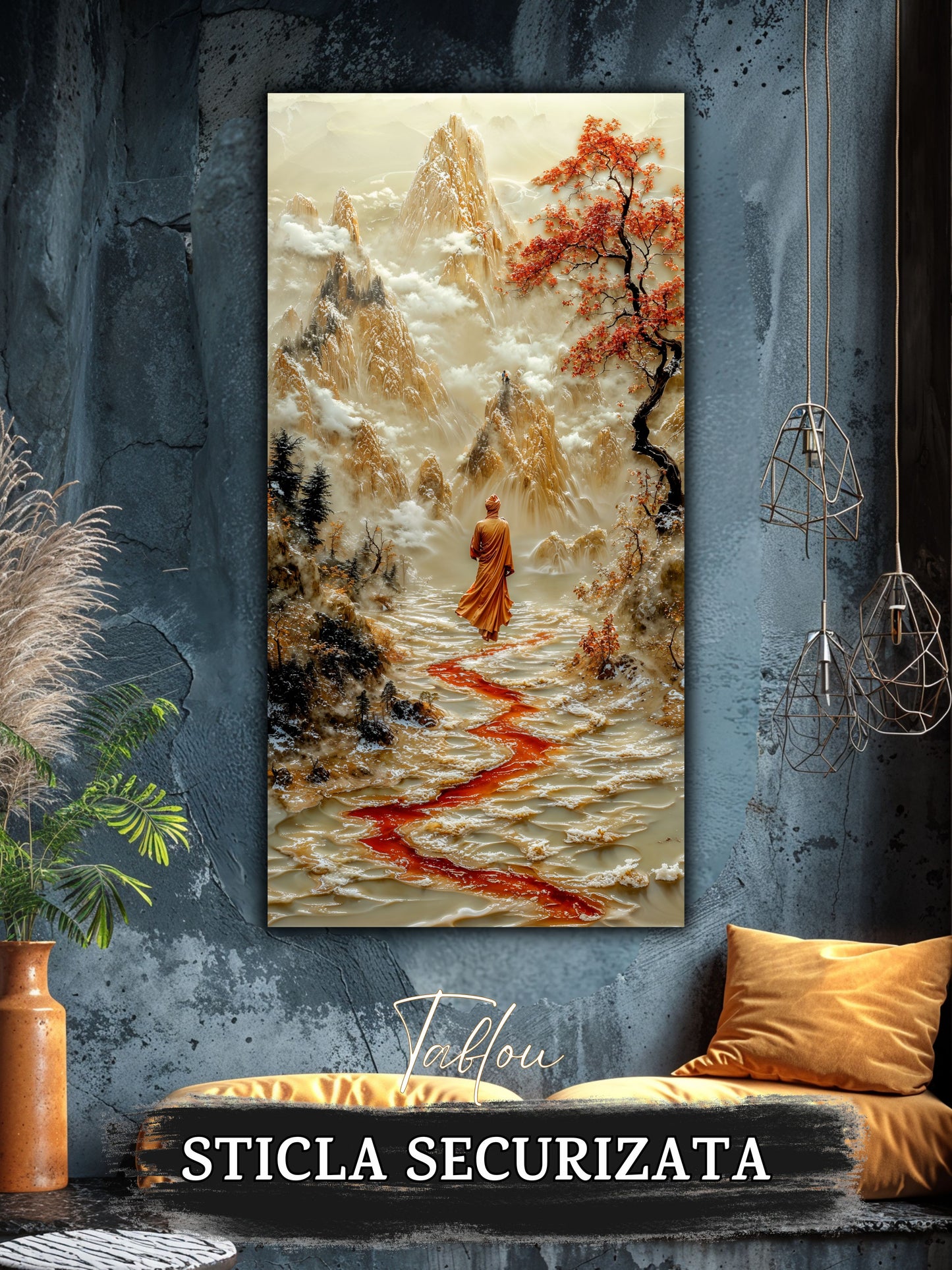 Mockup 1 – Tablou pentru living – Treptele către senin: Un drum viu, desenat între munți și arbori înfloriți, print UV pe sticlă securizată | Art-Zen