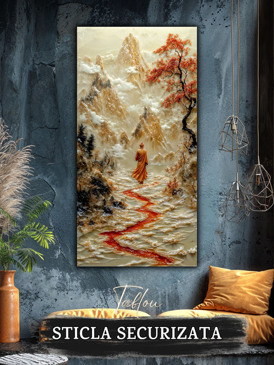 Mockup 1 – Tablou pentru living – Treptele către senin: Un drum viu, desenat între munți și arbori înfloriți, print UV pe sticlă securizată | Art-Zen
