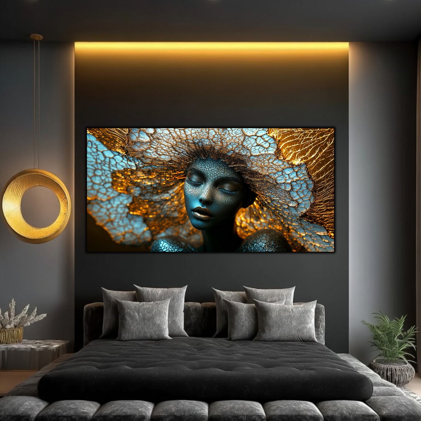 Tablou decorativ pe sticlă securizată – portret feminin meditativ cu rețea de corali cosmici în turcoaz și auriu, colecția Celestial Embrace, montat într-un dormitor dark-modern cu iluminat ambiental auriu și lampă circulară.