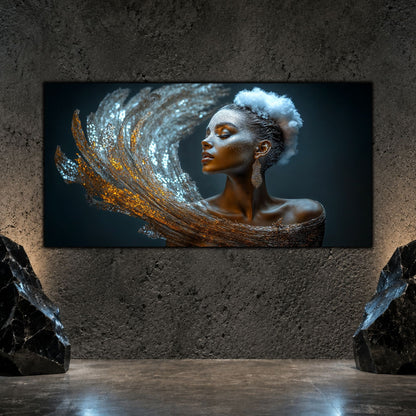 Tablou decorativ living Ascensiunea Luminii, chip orientat în sus lângă un val ascendent argintiu, pe perete mineral închis.