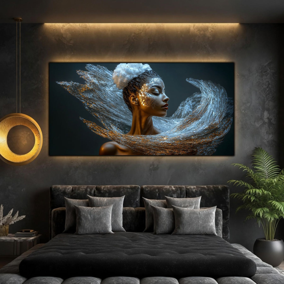 Tablou decorativ living Dansul Materiei, portret cu valuri argintii și bronz, prezentat deasupra patului într-un dormitor închis.