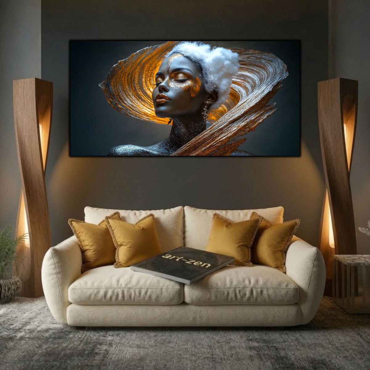 Tablou decorativ living Aureola de Chihlimbar, portret feminin auriu-argintiu deasupra unei canapele crem cu perne ocru.