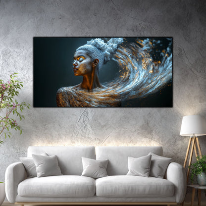 Tablou decorativ living Mareea de Stele, cu portret în profil și val cosmic, prezentat deasupra unei canapele albe.