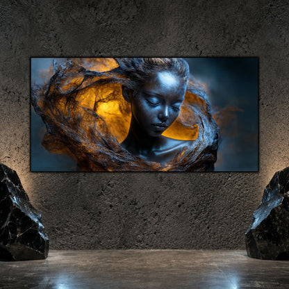 Tablou decorativ living Nucleul de Lumină, portret albastru-grafit cu lumină aurie în fundal, pe perete mineral închis.