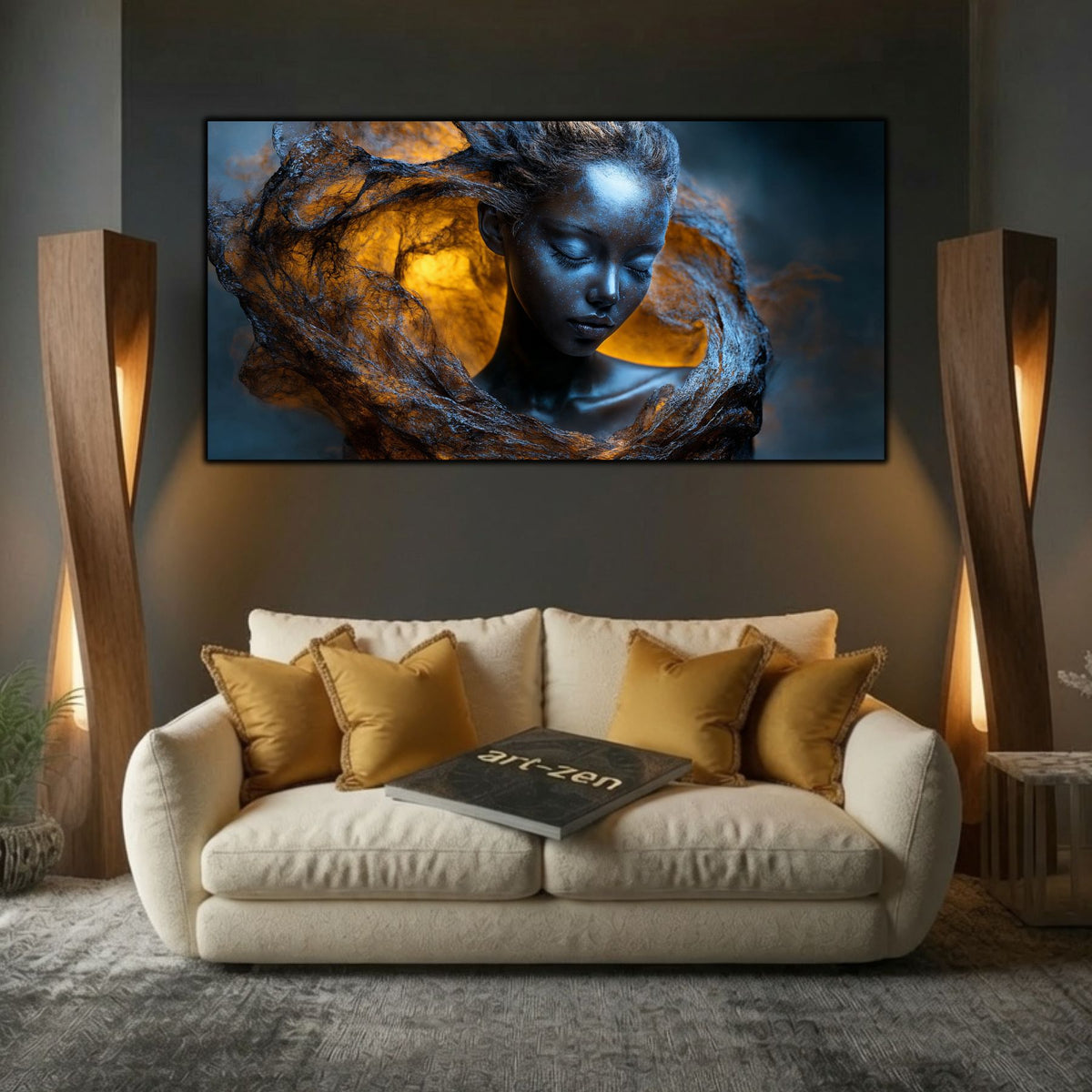 Tablou decorativ living Nucleul de Lumină, chip între văluri întunecate și chihlimbar, deasupra canapelei crem.