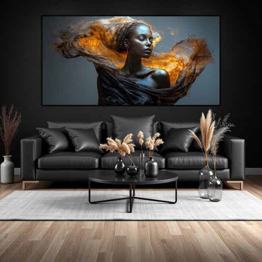 tablou decorativ pentru sufragerie, lumina topita in culoarea caramel, cu portret feminin.