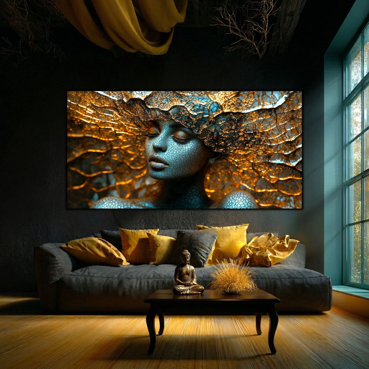 Tablou decorativ modern pe sticlă securizată – portret feminin meditativ în centrul unui labirint de rețele aurii și turcoaz, colecția Celestial Embrace, montat într-un living boho-cosmic cu statuetă Buddha și lumină turcoaz naturală