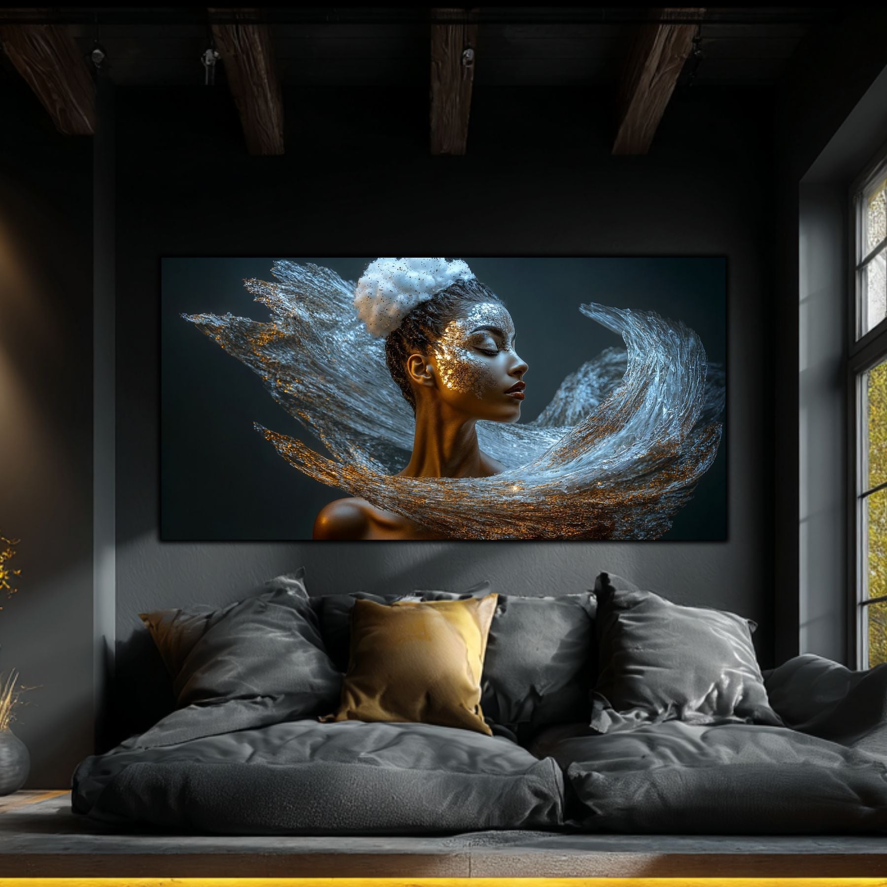 Tablou decorativ modern pe sticlă securizată – portret feminin eterat cu valuri de argint cristalin și accente aurii, colecția Celestial Embrace, montat într-un living dark cu grinzi de lemn și lumină naturală rece
