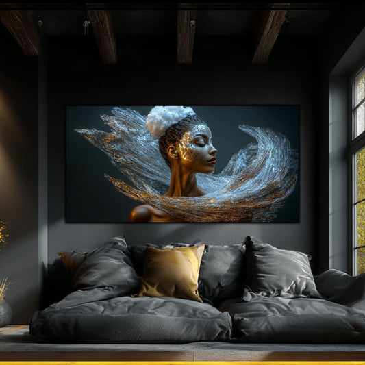 Tablou decorativ modern pe sticlă securizată – portret feminin eterat cu valuri de argint cristalin și accente aurii, colecția Celestial Embrace, montat într-un living dark cu grinzi de lemn și lumină naturală rece