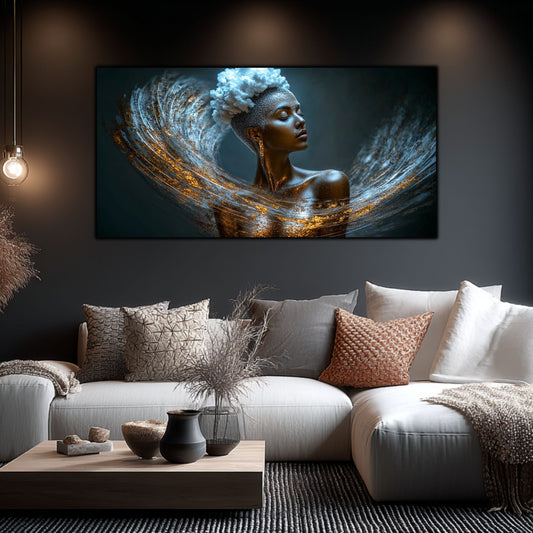 Tablou decorativ modern pe sticlă securizată – portret feminin eterat cu vârtej simetric de argint și auriu, colecția Celestial Embrace, montat într-un living cald cu canapea albă, perne bej și roz și lumină Edison

