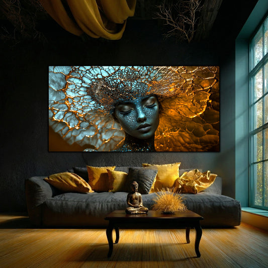 Tablou decorativ modern pe sticlă securizată – portret feminin meditativ cu rețea de rădăcini cosmice în turcoaz și auriu, colecția Celestial Embrace, montat într-un living boho-cosmic cu perne aurii și statuetă Buddha.