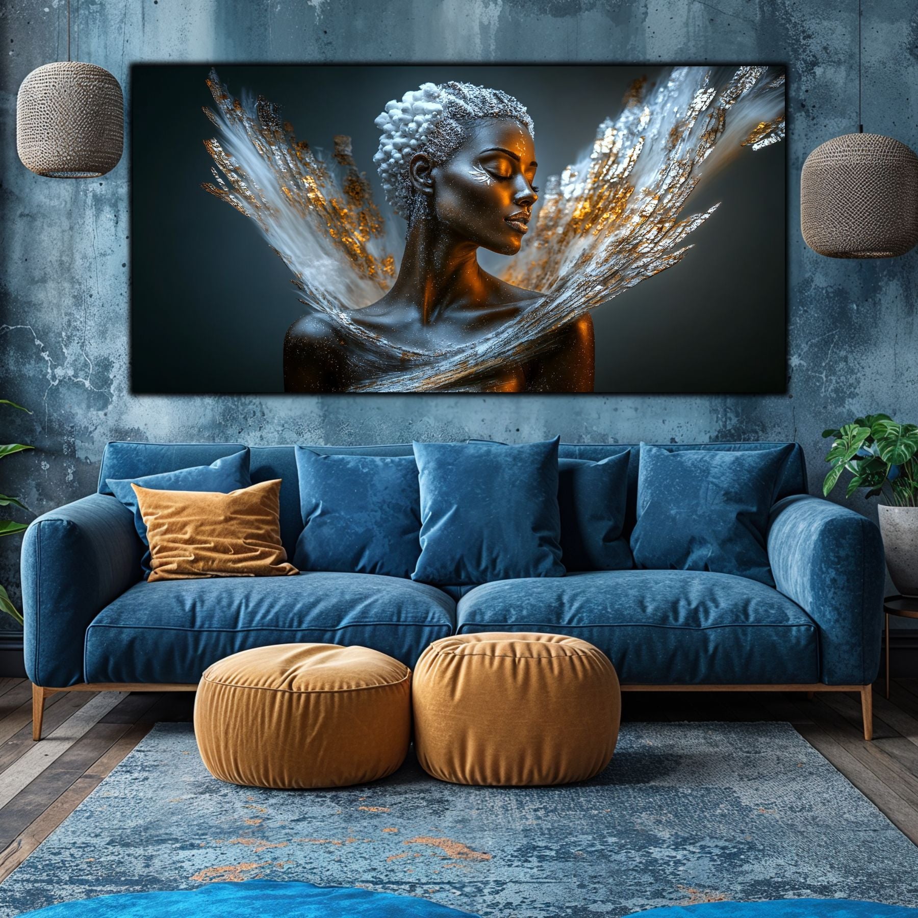 Tablou decorativ cu portret feminin cosmic deasupra canapelei albastre – living modern sticlă securizată Art Zen