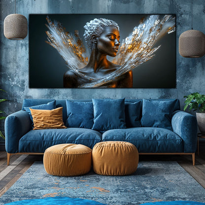 Tablou decorativ cu portret feminin cosmic deasupra canapelei albastre – living modern sticlă securizată Art Zen