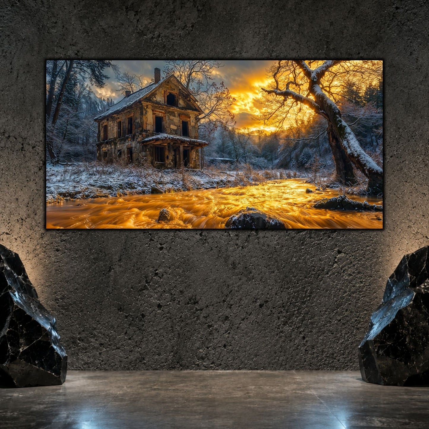 Tablou decorativ pentru sufragerie, cu o  casă veche, cu ziduri degradate, înconjurată de copaci înghețați și apus care străpunge ramurile inghetate ale copacilor, sub care un râu galben curge tumultuos. 