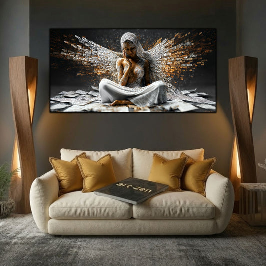 Tablou decorativ living Aripile Gândurilor, cu aripi din fragmente grafice, deasupra canapelei crem între lămpi din lemn.