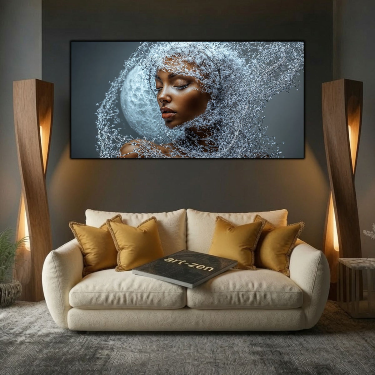 Tablou decorativ living Vălul Iernii, chip cu ochii închiși și văl argintiu, deasupra unei canapele crem cu perne aurii.