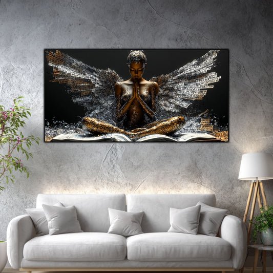 Tablou decorativ living Sanctuarul Cuvintelor, figură meditativă cu aripi și cărți, deasupra unei canapele albe.