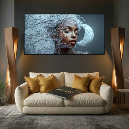 Tablou decorativ living Ramuri de Lună, cu portret și cristale de gheață, deasupra canapelei crem cu perne ocru.