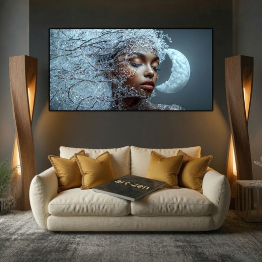Tablou decorativ living Ramuri de Lună, cu portret și cristale de gheață, deasupra canapelei crem cu perne ocru.