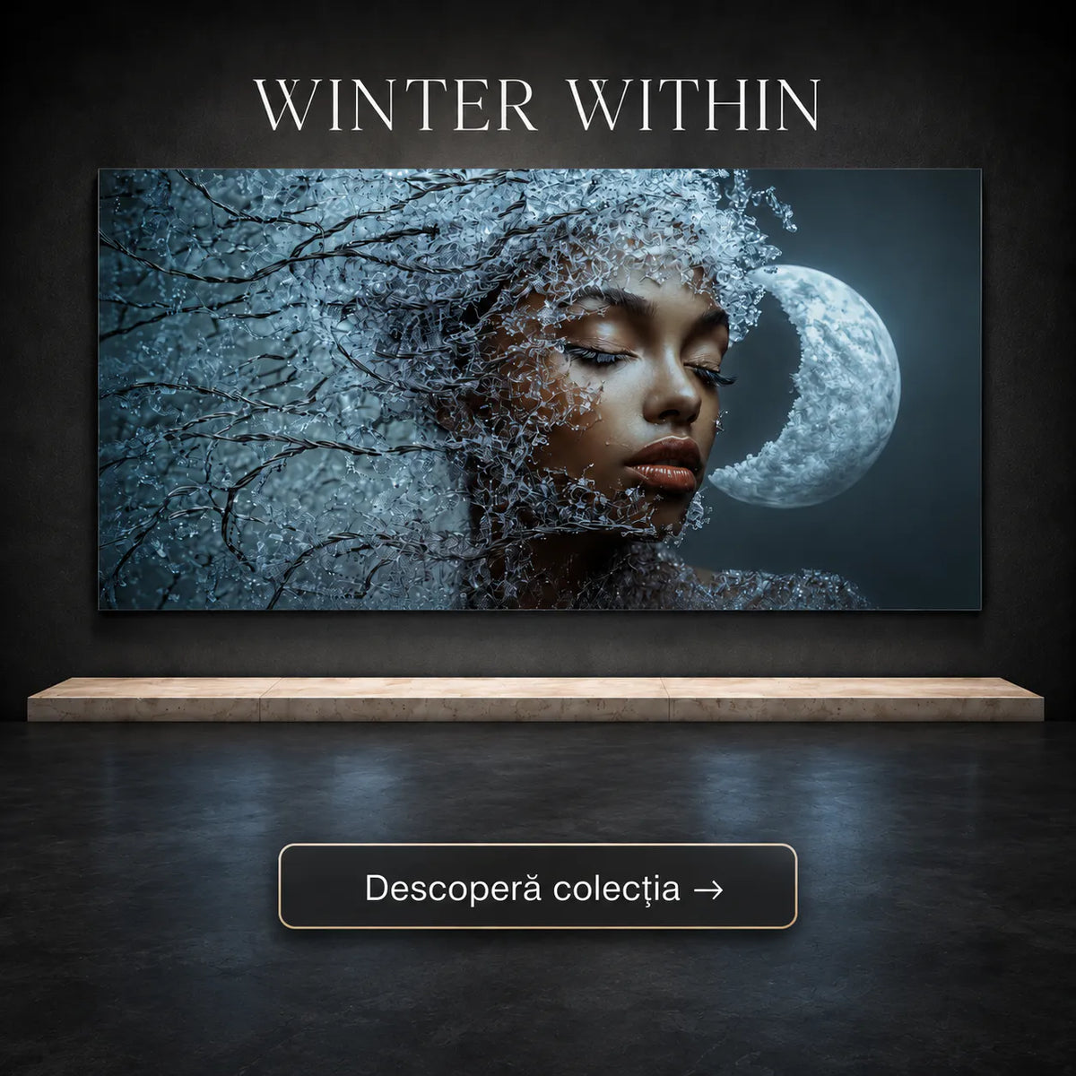 Tablou dormitor modern cu portret feminin din gheață cristalizată și semilună albă – Colecția Winter Within Art Zen