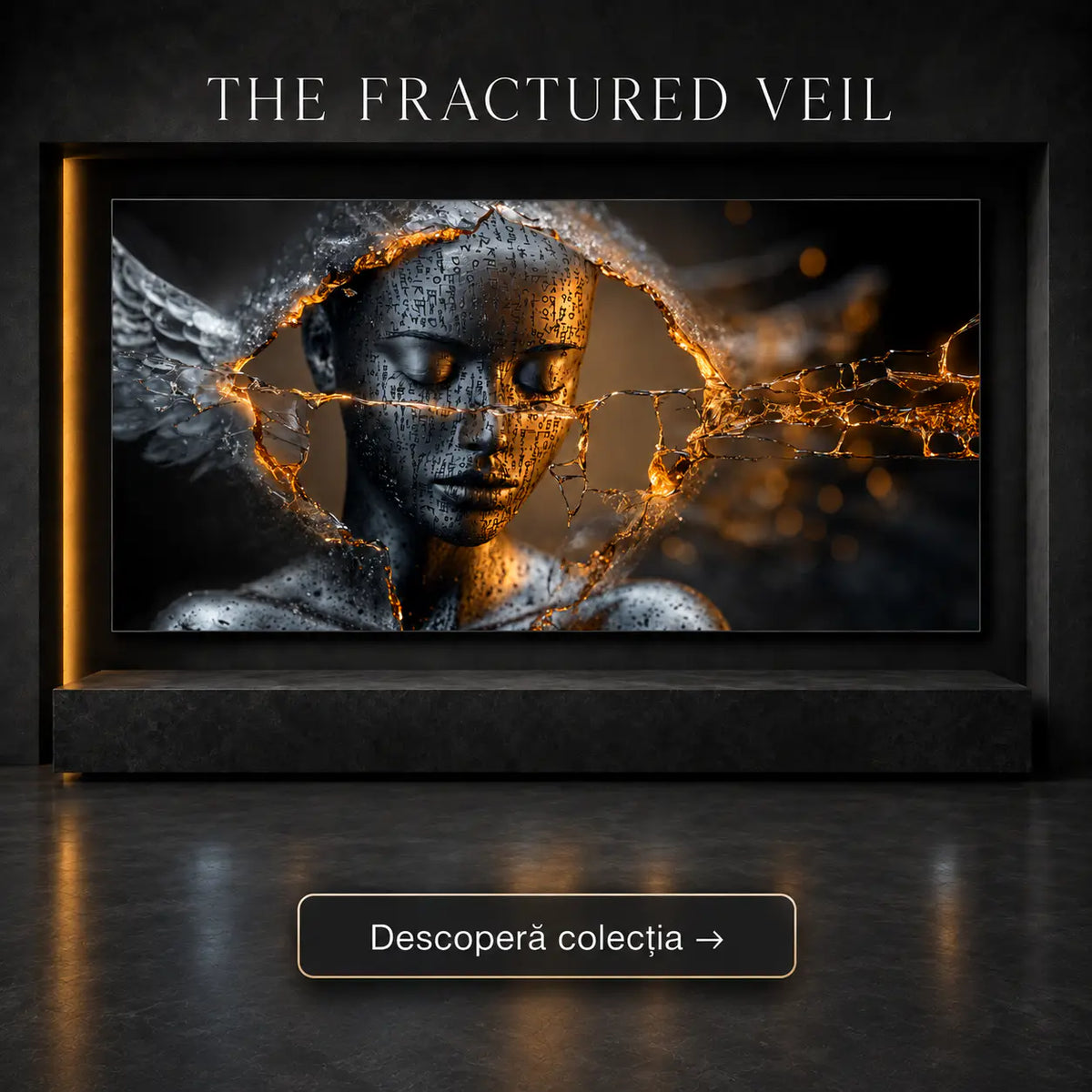 Tablou dormitor modern cu chip din porțelan sculptat dincolo de un văl de sticlă spartă – Colecția The Fractured Veil Art Zen