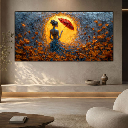 Tablou dormitor relaxant panoramic Reziliența portalului solar printat pe sticlă securizată deasupra unei băncuțe din piatră într-un living minimalist cu fotoliu bouclé