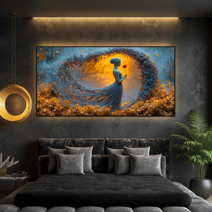 Tablou dormitor relaxant panoramic Reziliența rozei de foc printat pe sticlă securizată deasupra unui pat matrimonial negru într-un dormitor contemporan