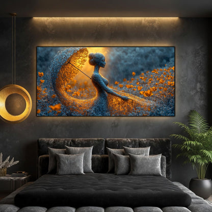 Tablou dormitor relaxant panoramic Reziliența sanctuarului de ambră printat pe sticlă securizată pe un perete texturat antracit flancat de roci decorative