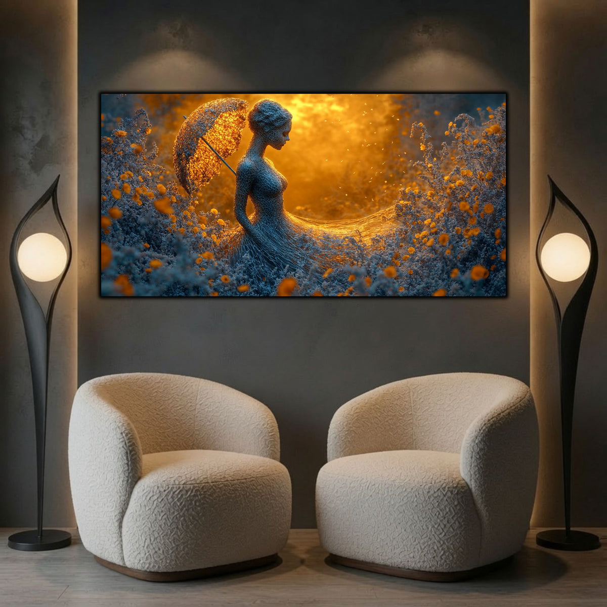 Tablou dormitor relaxant panoramic Reziliența umbrelei de aur printat pe sticlă securizată deasupra a două fotolii din bouclé crem într-un interior contemporan