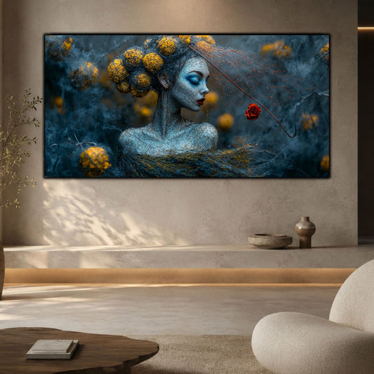 Tablou dormitor zen panoramic Fragilitatea firului de purpură printat pe sticlă securizată pe un perete texturat antracit flancat de roci decorative