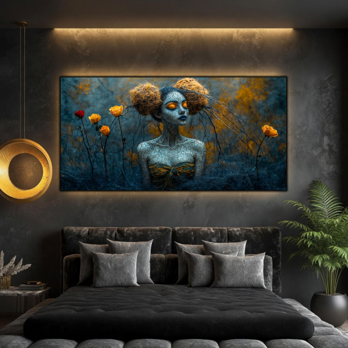 Tablou dormitor zen panoramic Fragilitatea grădinii de amurg printat pe sticlă securizată deasupra unui pat matrimonial negru într-un dormitor contemporan