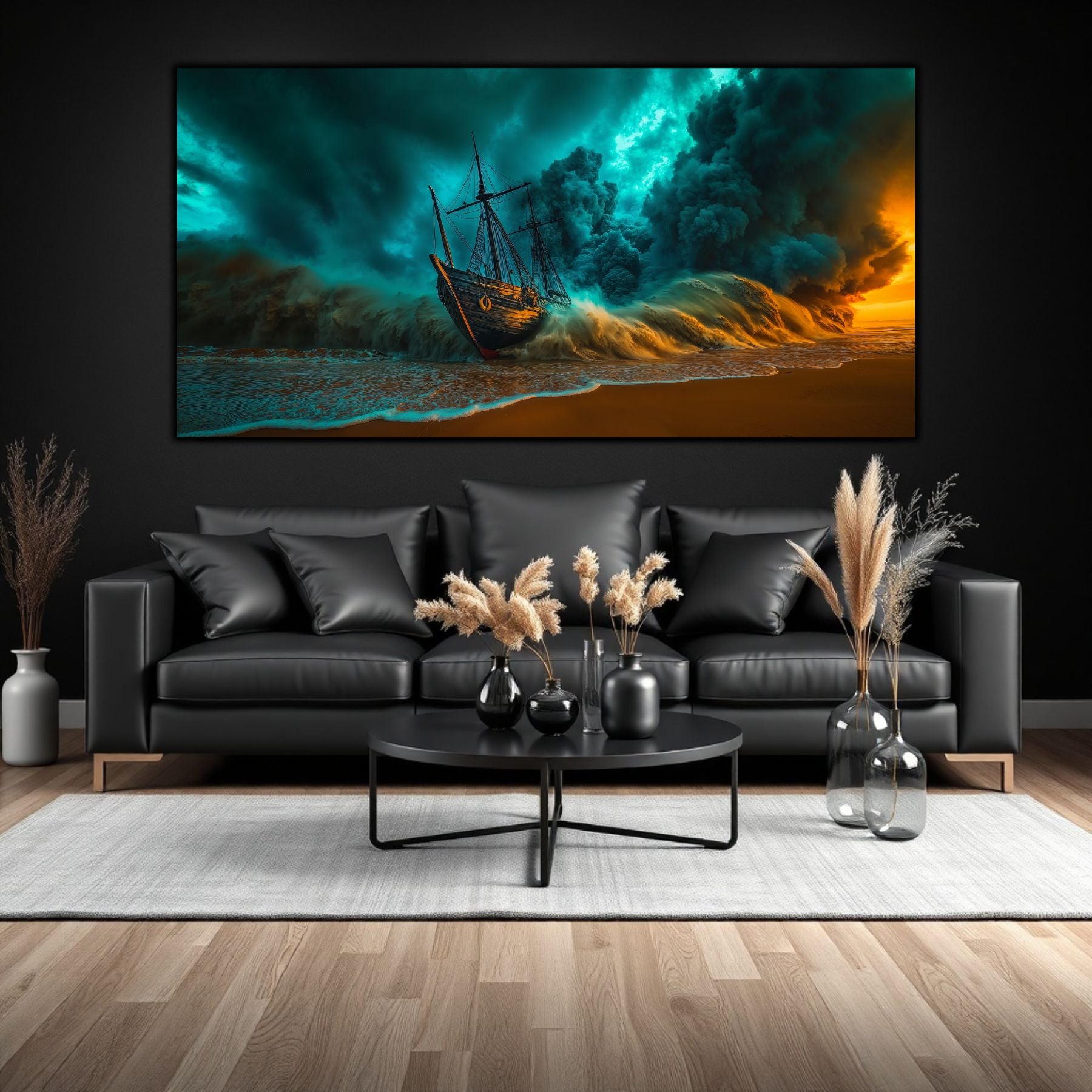 tablou dramatic cu imaginea scufundata in furtuna si valuri imense a unei corabii. Tablou care da viata fiecarui living modern