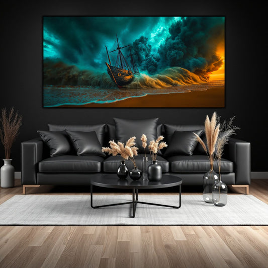 tablou dramatic cu imaginea scufundata in furtuna si valuri imense a unei corabii. Tablou care da viata fiecarui living modern