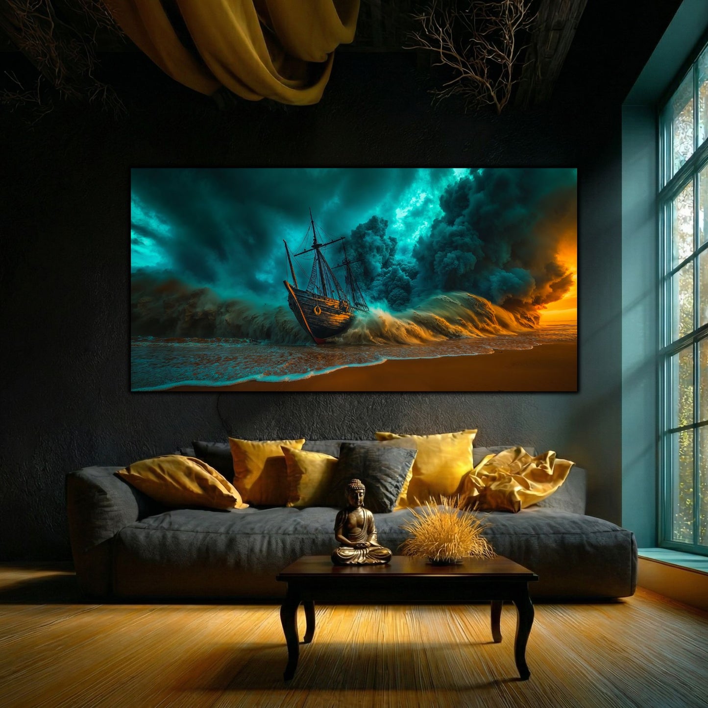 Tablou Sticla Securizata Fractura Destinului: Corabia Zdrobita sub Cerul de Foc | Editie Unicat