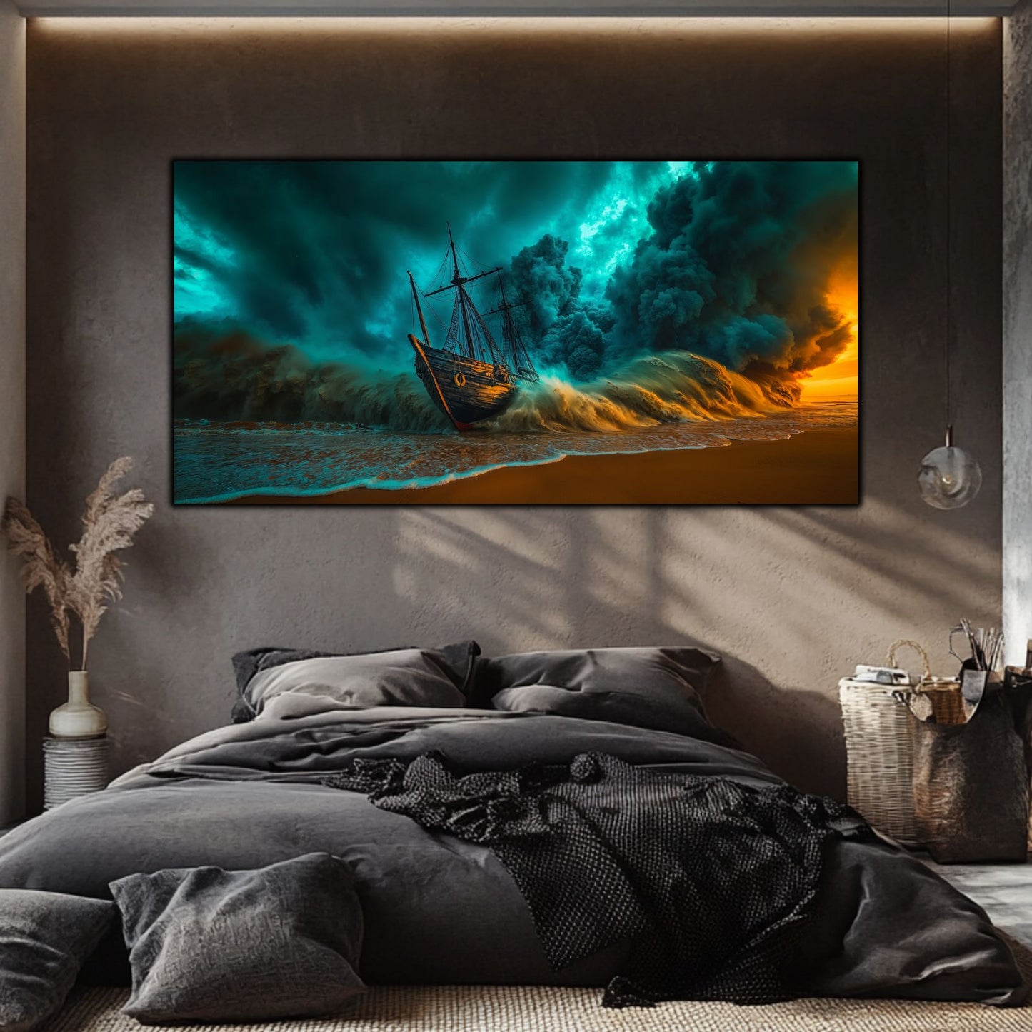 Tablou Sticla Securizata Fractura Destinului: Corabia Zdrobita sub Cerul de Foc | Editie Unicat