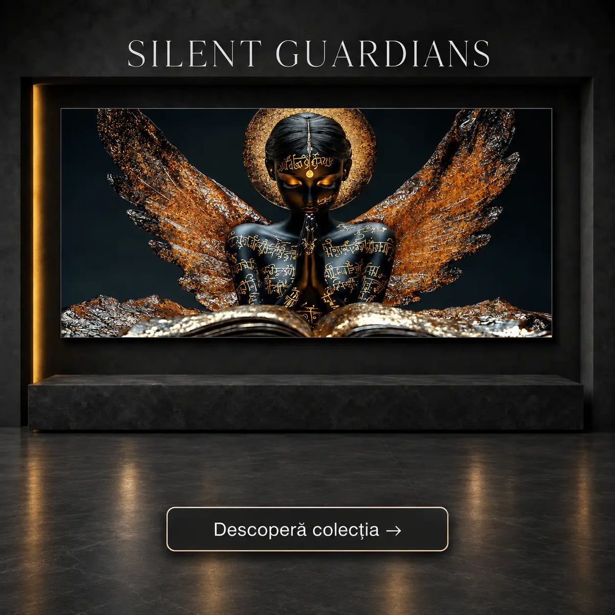Tablou elegant birou cu înger păzitor, aripi din foiță de aur și manuscris sacru – Colecția Silent Guardians Art Zen