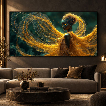 Tablou modern living panoramic Dansul Firelor de Aur printat pe sticlă securizată deasupra unei canapele confortabile într-o sufragerie elegantă