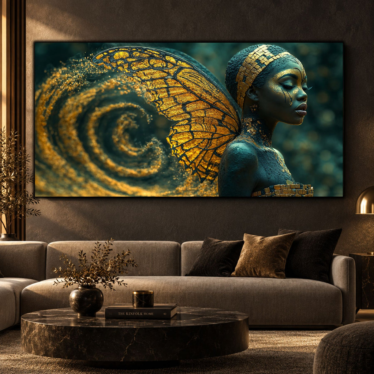 Tablou modern living panoramic Spirala Devenirii pe sticlă securizată deasupra unei canapele grej cu măsuță din marmură neagră într-un interior contemporan