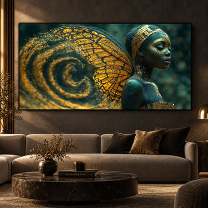 Tablou modern living panoramic Spirala Devenirii pe sticlă securizată deasupra unei canapele grej cu măsuță din marmură neagră într-un interior contemporan