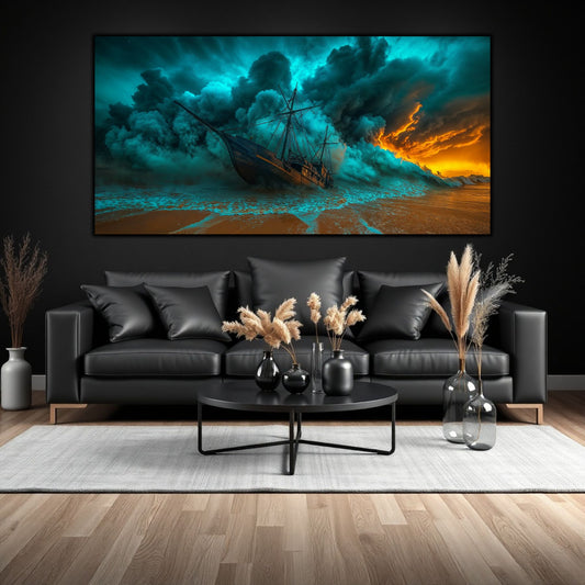 tablou pe sticla printat uv cu imaginea nei corabii coplesia de furia unei furtuni epice pe o plaja spectaculoasa. Acest tablou va transforma atmosfera spatiului tau.