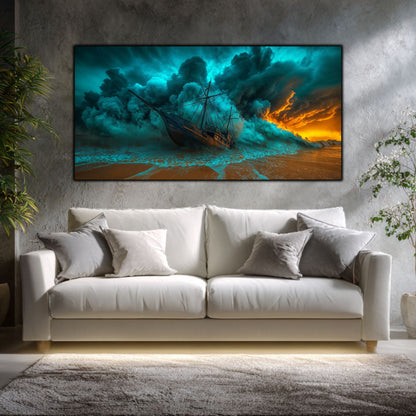 Tablou Sticla Securizata Asediul Abisal: Naufragiul Inghitit de Pamant si Cer | Editie Unicat