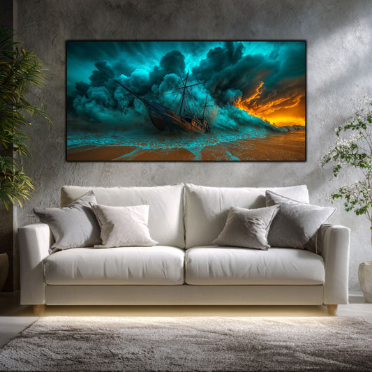 Tablou Sticla Securizata Asediul Abisal: Naufragiul Inghitit de Pamant si Cer | Editie Unicat