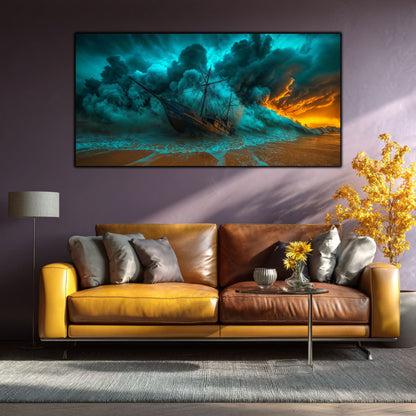 Tablou Sticla Securizata Asediul Abisal: Naufragiul Inghitit de Pamant si Cer | Editie Unicat