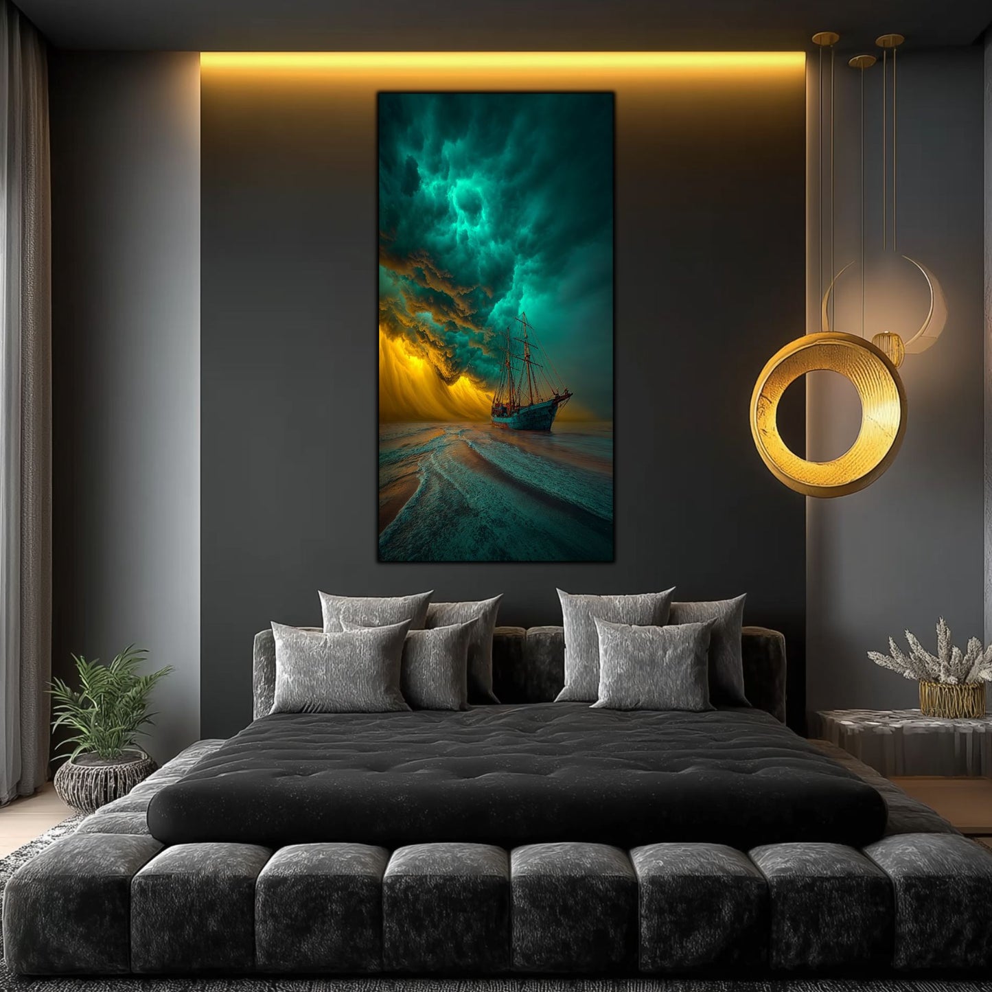 Tablou living modern Identitate Regăsită, corabie solitară sub cer epic pe sticlă securizată, artă decorativă pentru sufragerie cu tematică marină și introspectivă.