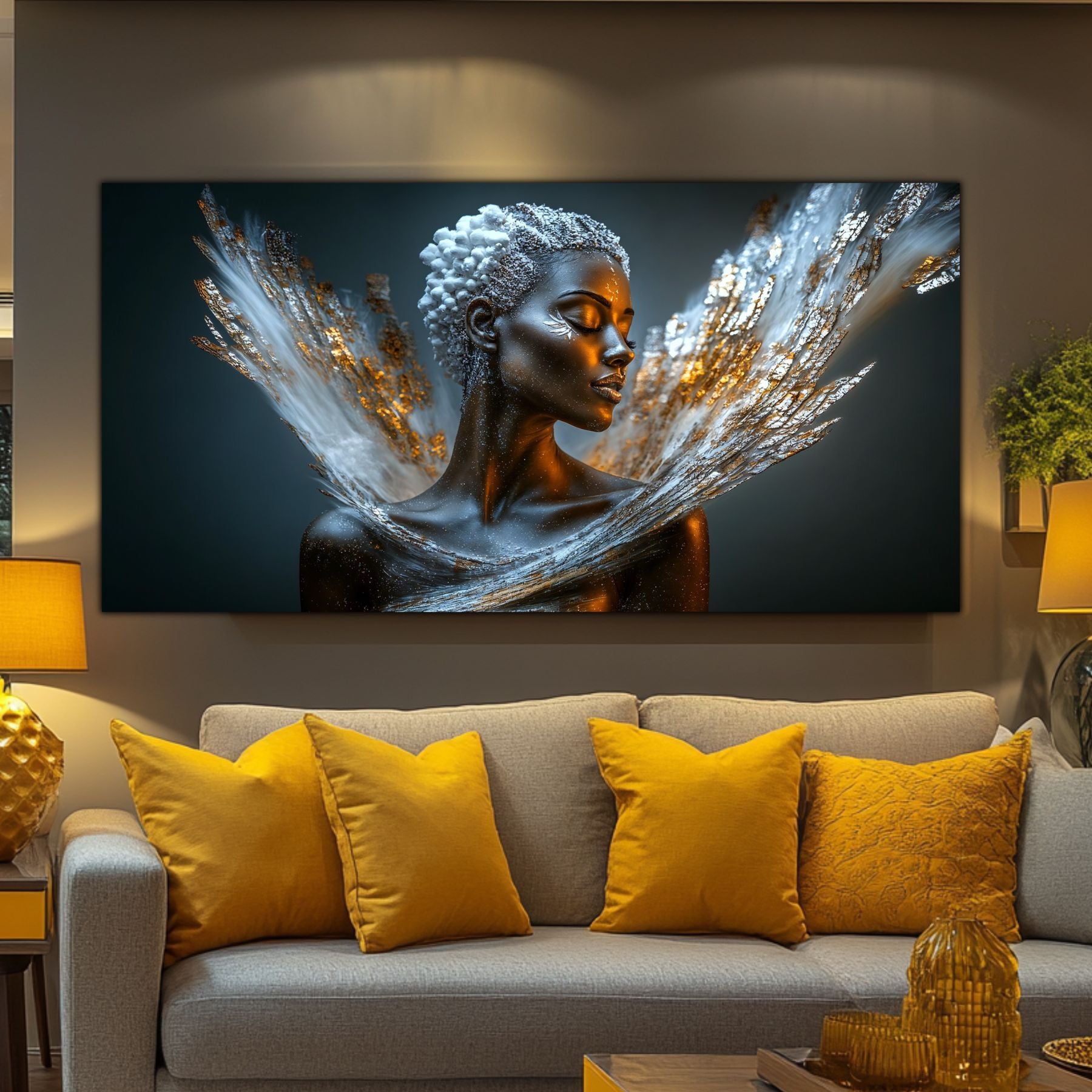 Tablou living cu aripi de argint și aur în living cu accente galbene – colecția Beyond Art Zen