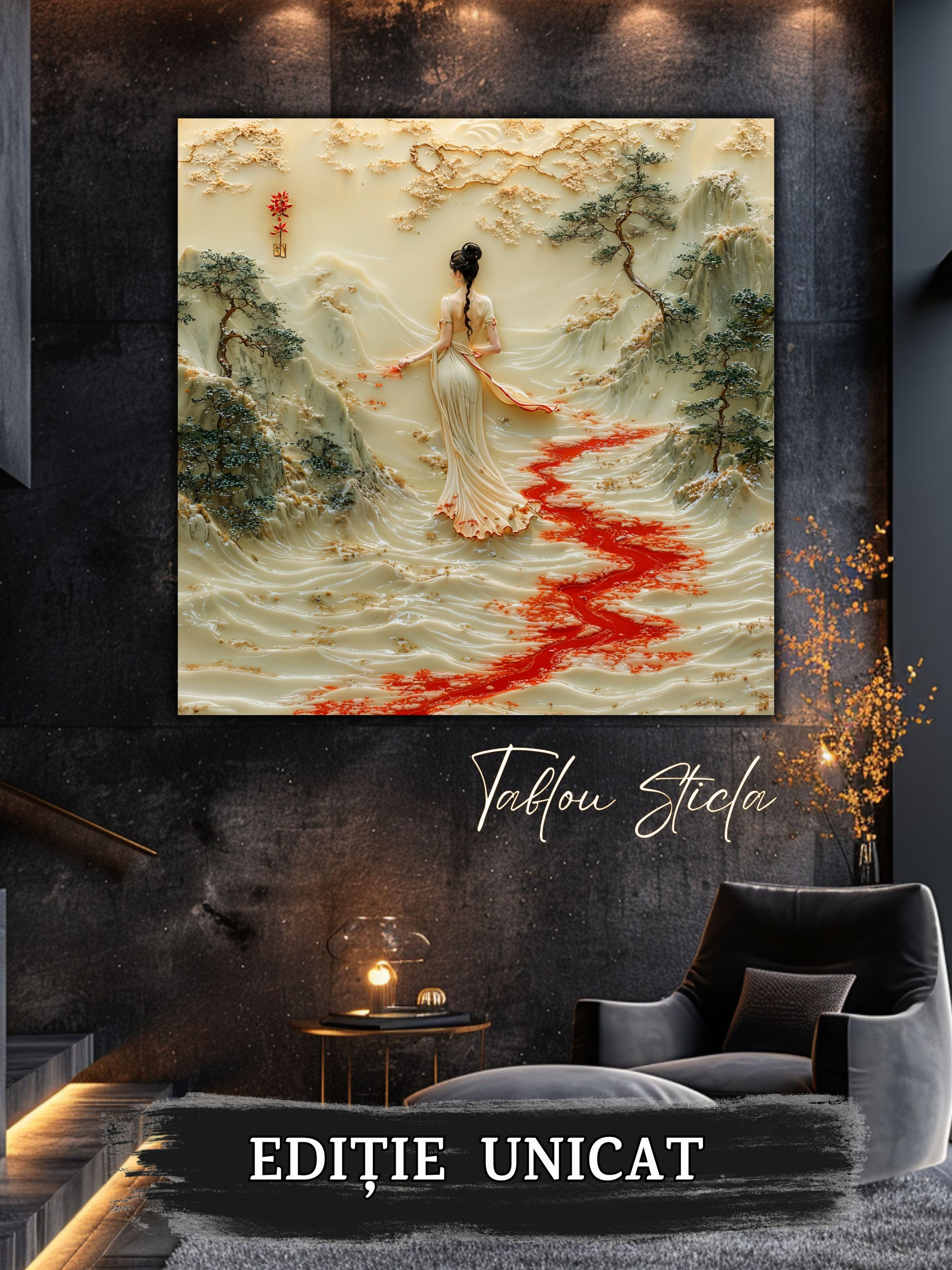 Mockup 1 – Tablou pentru living – Apa care își amintește: Un mal liniștit, o prezență fină și o cărare de apă, print UV pe sticlă securizată | Art-Zen