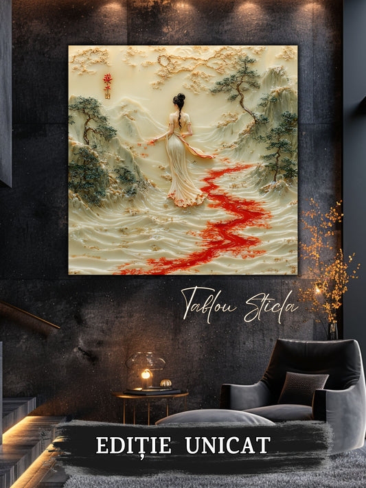 Mockup 1 – Tablou pentru living – Apa care își amintește: Un mal liniștit, o prezență fină și o cărare de apă, print UV pe sticlă securizată | Art-Zen