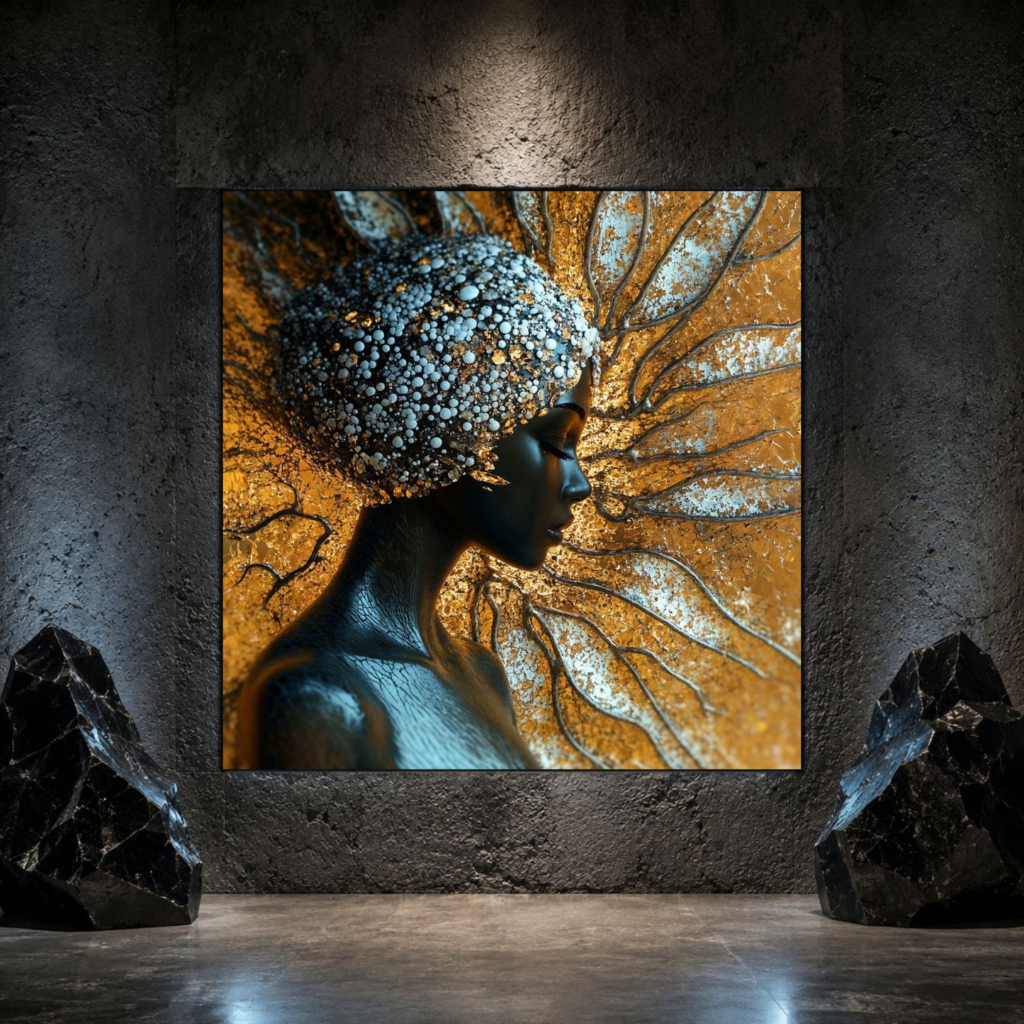 Tablou living Aurea Roots pe sticlă securizată, prezentat într-un interior modern.